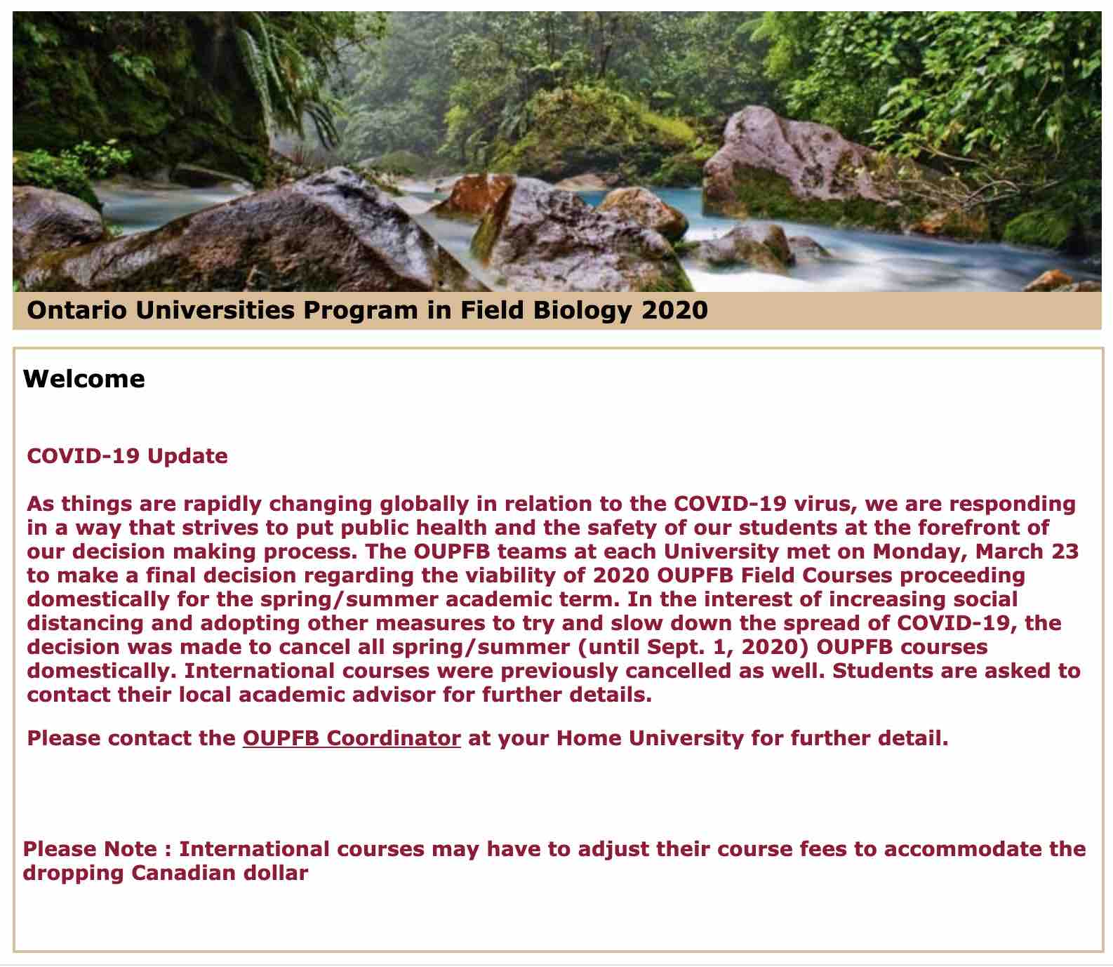 Ontario Universities Field Program in Biology website with COVID-19 cancellation notice