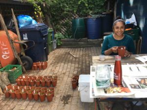 International visiting grad student, Ms. Varsha Boejharat, doing her research in the back garden
