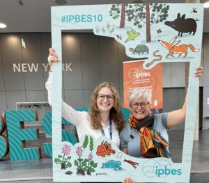 Dawn Bazely and student volunteer at IPBES 10th Plenary in Bonn 2023 August
